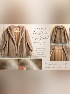 Vintage Taupe Faux Fur Cape Jacket Shawl Collar Swing Coat Medium. ERC.